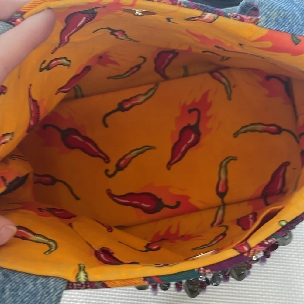 Handmade Denim Shoulder Bag Beads Boho Hot Pepper Interior Festival Snap Closure
